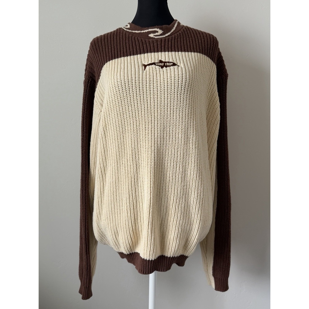 Surf Trip Sweater Brown Cream Shark Chunky Knit Coastal Beach Pullover L